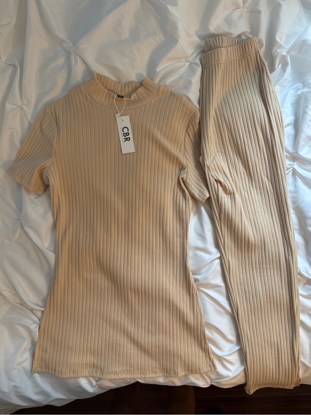 Cream Ribbed Two Piece T Shirt Top Dress Leggings Pants Jumpsuit Set Beige